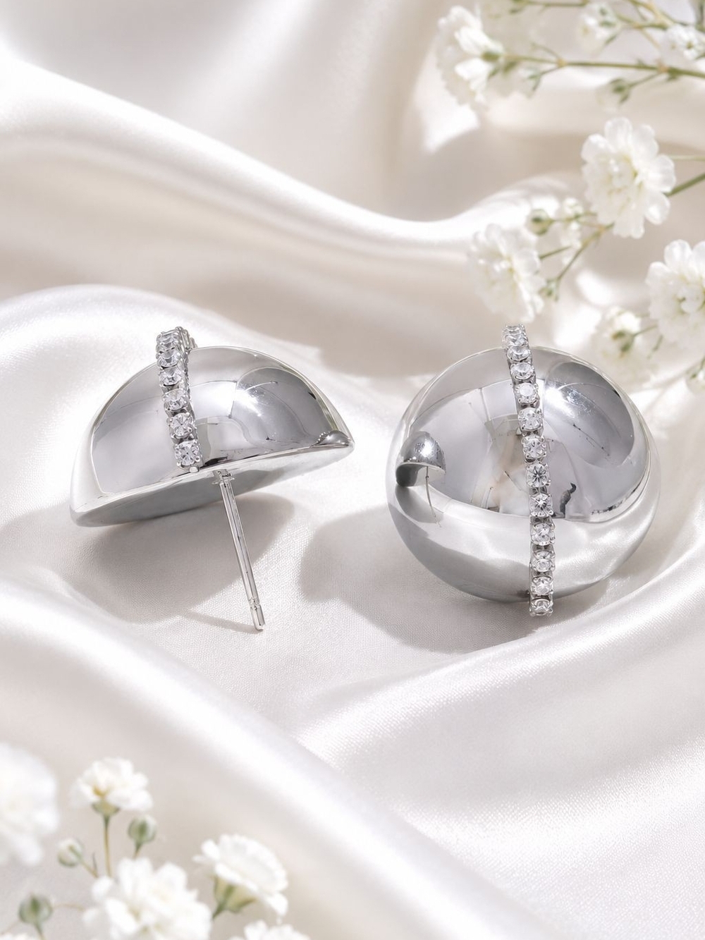 Silver Dome Stud Earrings with Crystal Stripe